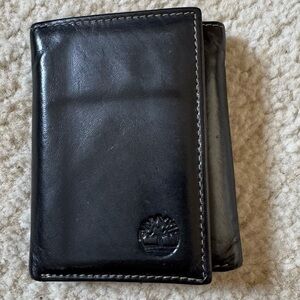 Timberland Men’s Dark Brown Leather Tri Folding Wallet ID Window Used